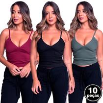 Kit 10 Cropped Vekyo Tecido Bengaline Alça Fina Decote V