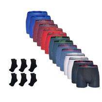 Kit 10 Cueca Boxer Masculino Microfibra+12 Pares de Meia Lisa Preta Algodão