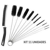 Kit 10 Escovas Limpeza Haste Inox Cerdas em Nylon + 1 Escova Estreita p/ Cantos Cabo Plástico