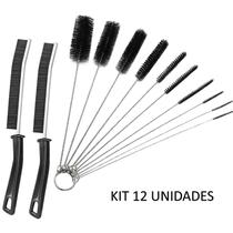 Kit 10 Escovas Limpeza Haste Inox Cerdas em Nylon + 2 Escovas Estreita p/ Cantos Cabo Plástico
