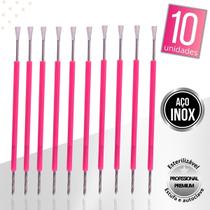 Kit 10 Espátula Cutícula Manicure Mista Cutelaria Rosa Silicone Empurrador Palito Unha Aço Inox