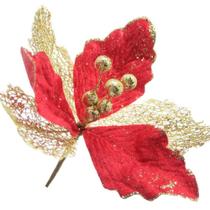 Kit 10 Flores Com Cabo Artificial Decoração De Natal Com Glitter 27cm