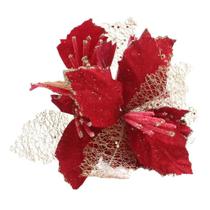 Kit 10 Flores Vermelhas Com Cabo Artificial Decoração De Natal Com Glitter 22cm