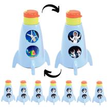 Kit 10 Garrafas Foguete que Gira de Astronauta Azul p/ Festa Infantil Aniversário