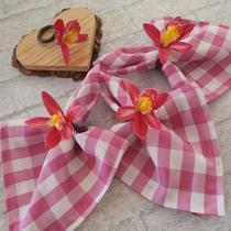 Kit 10 Guardanapos de Tecido Xadrez Pink e 10 Anéis PG Orquídea Pink