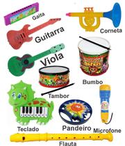 Kit 10 Instrumentos Musical Violão Pandeiro Flauta Guitarra Bumbo Infantil Brinquedo Banda