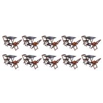 Kit 10 Jogos de Mesa Dobravel com 2 Cadeiras de Madeira 70x70 Ideal para Bar e Restaurante - Imbuia