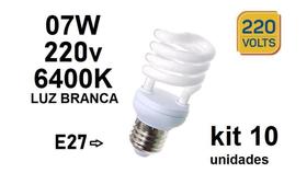 Kit 10 Lâmpada Fluorescente Espiral 7W 220V 6400K E27 Branca Kit 10 Lâmpada Fluorescente Espiral 7W 220V 6400K E27 Branca