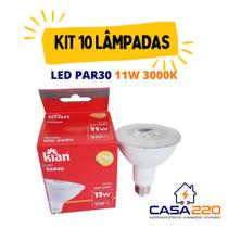 Kit 10 Lâmpadas LED PAR30 E27 11W 3000K Branca Morna KIAN