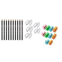 Kit 10 Lápis HB Nº2 + 10 Borrachas Ponteira + 10 Apontadores 2 Furos Ideal p/ Escola e Escritório