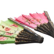 kit 10 Leque de Tecido Colorido Estampado Plastico Preto com dourado kit 10