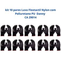 Kit 10 Luvas Segurança Flextactil Nylon Poliuretano PU Preta DA12100 EPI Danny CA 29014