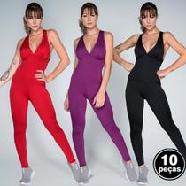 Kit 10 Macacões Fitness Longo Suplex Liso Com Bojo Feminino