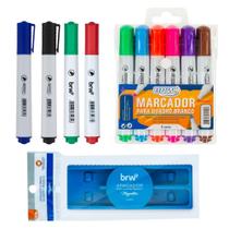 Kit 10 Marcador Para Quadro Branco Lousa + Apagador Magnético c/ Porta Caneta - BRW