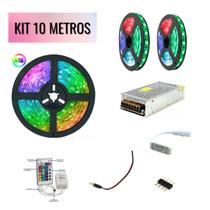 KIT 10 Metros Fita LED 5050 RGB Colorida com Silicone 12V + 1 Amplificador + 1 Fonte 10A