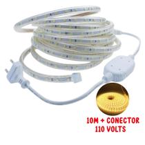 Kit 10 metros fita mangueira led chata branco quente 3000k 5050 + conector liga direto na tomada 110 volts - MINAS LEDS