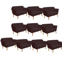Kit 10 Namoradeira Decorativa Ster com Capitone Pés Palito em Madeira 2 Lugares Sala de Estar Recepção Escritório material sintético Marrom - Damaffê Móveis