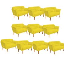 Kit 10 Namoradeira Decorativa Ster com Capitone Pés Palito em Madeira 2 Lugares Sala de Estar Recepção Escritório Suede Amarelo - Damaffê Móveis