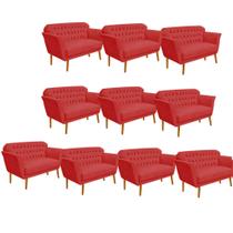 Kit 10 Namoradeira Decorativa Ster com Capitone Pés Palito em Madeira 2 Lugares Sala de Estar Recepção Escritório Suede Vermelho - Damaffê Móveis