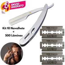 Kit 10 Navalha 14cm Aço Inox Navalhete Barbear Profissional Barbeiro E Lamina Platinum Lord