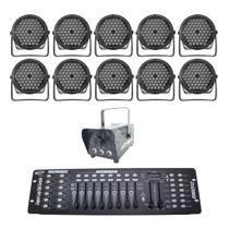 Kit 10 par led 3 em 1 + máq. de fumaça 600w + mesa dmx 512