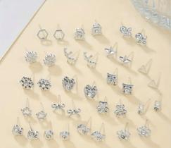 Kit 10 Pares de Brincos Femininos Prateados Modelos Aleatórios Delicados e Minimalistas