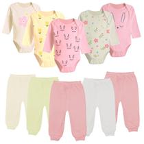 Kit 10 Pçs Bebê Body Longo Estampado ou Liso e Mijão Algodão Kit 10 Pçs Bebê Body Longo Estampado ou Liso e Mijão Algodão