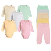 Kit 10 Pçs Bebê Body Longo Estampado ou Liso e Mijão Algodão