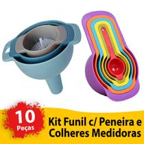 Kit 10 Peças 3 Funil com Peneira e Conjunto 6 Colheres Medidoras Culinária Cozinha