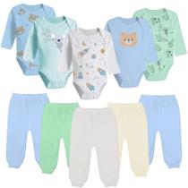 Kit 10 Peças Body Longo Estampado e Mijão Liso Roupa de Bebê Kit 10 Peças Body Longo Estampado e Mijão Liso Roupa de Bebê