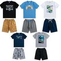 Kit 10 Peças De Roupa Infantil Masculino 5 Camisas + 5 Shorts Estampadas e Liso