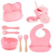 Kit 10 Peças Introdução Alimentar Infantil Copo Prato Babador Talheres Tigela Desmame Treinamento Transição Silicone Livre de BPA Antiderrapante