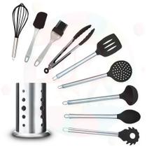 Kit 10 Peças Jogo Talheres Silicone Utensílios De Cozinha Com Porta Talheres