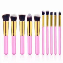 Kit 10 peças pincel kabuki precisão Conjunto de Maquiagem para Sombra Delineador Lábios Pó Base kit pinceis:Rosa