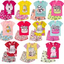 Kit 10 Peças Sortidas de Pijama verão Infantil Menina - 5 Camisetas + 5 Bermudas - Kit 5 Conjuntos - Benetex Kids