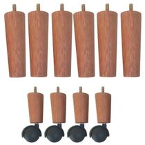 Kit 10 Pés de Cama Box Casal com 6 Pés Palitos Fixos 4 Rodízios Dimader Madeira