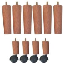 Kit 10 Pés de Cama Box Casal com 6 Pés Palitos Fixos 4 Rodízios Dimader Madeira