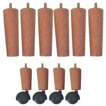 Kit 10 Pés de Cama Box Casal com 6 Pés Palitos Fixos 4 Rodízios Dimader Madeira