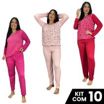 Kit 10 Pijamas Blusa Manga Comprida Estampada e Calça Lisa Confortável Frio Inverno