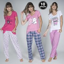 Kit 10 Pijamas Feminino Calça Longa Estampada Blusa Manga Curta Kit 10 Pijamas Feminino Calça Longa Estampada Blusa Manga Curta