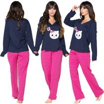 Kit 10 Pijamas Feminino Longo Calça e Blusa Inverno Bordado Confortável