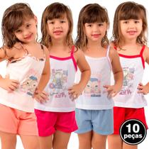 Kit 10 Pijamas Infantil Curto Vekyo Modas Menina Roupa de Criança Short e Regata Alça Malha