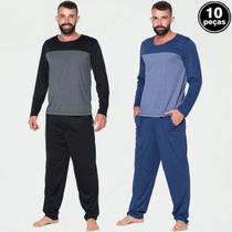 Kit 10 Pijamas Inverno Masculino Longo Bicolor Calça e Blusa