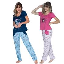 Kit 10 Pijamas Longo Vekyo Modas Estampada Manga Curta Feminino Calça e Com Bolso Inverno