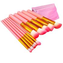 Kit 10 Pincéis Maquiagem Kabuki Profissional Blush Pó ROSA