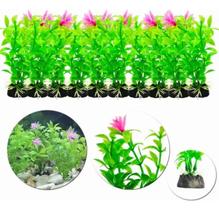 Kit 10 Plantas Artificial Decoração Aquário 13cm Flor Rosa