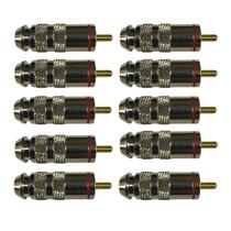 Kit 10 Plug RCA Macho Metal Cromado Ponta Dourada - Vermelho