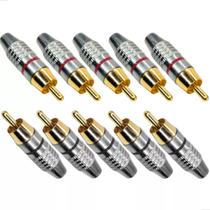 Kit 10 Plug Rca Macho Metal Niquelado Ponta Banhada Ouro