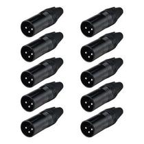 Kit 10 Plugs Conectores XLR Canon Macho 3 Pinos Metal Para Microfone e DMX Preto LU-71226BK
