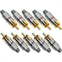Kit 10 Plugs RCA Niquelado com Ponta Banhada a Ouro Para Cabo de Som Automotivo e Profissional